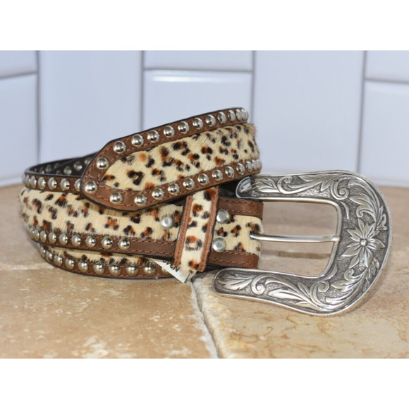 NOCONA Leather Belt Calf Hair Studded Embellishments Western Buckle Size S - Picture 2 of 7